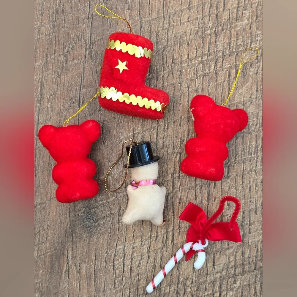 Lot of 4 Vintage Miniature Flocked Christmas Ornaments Bear Snowman Boot